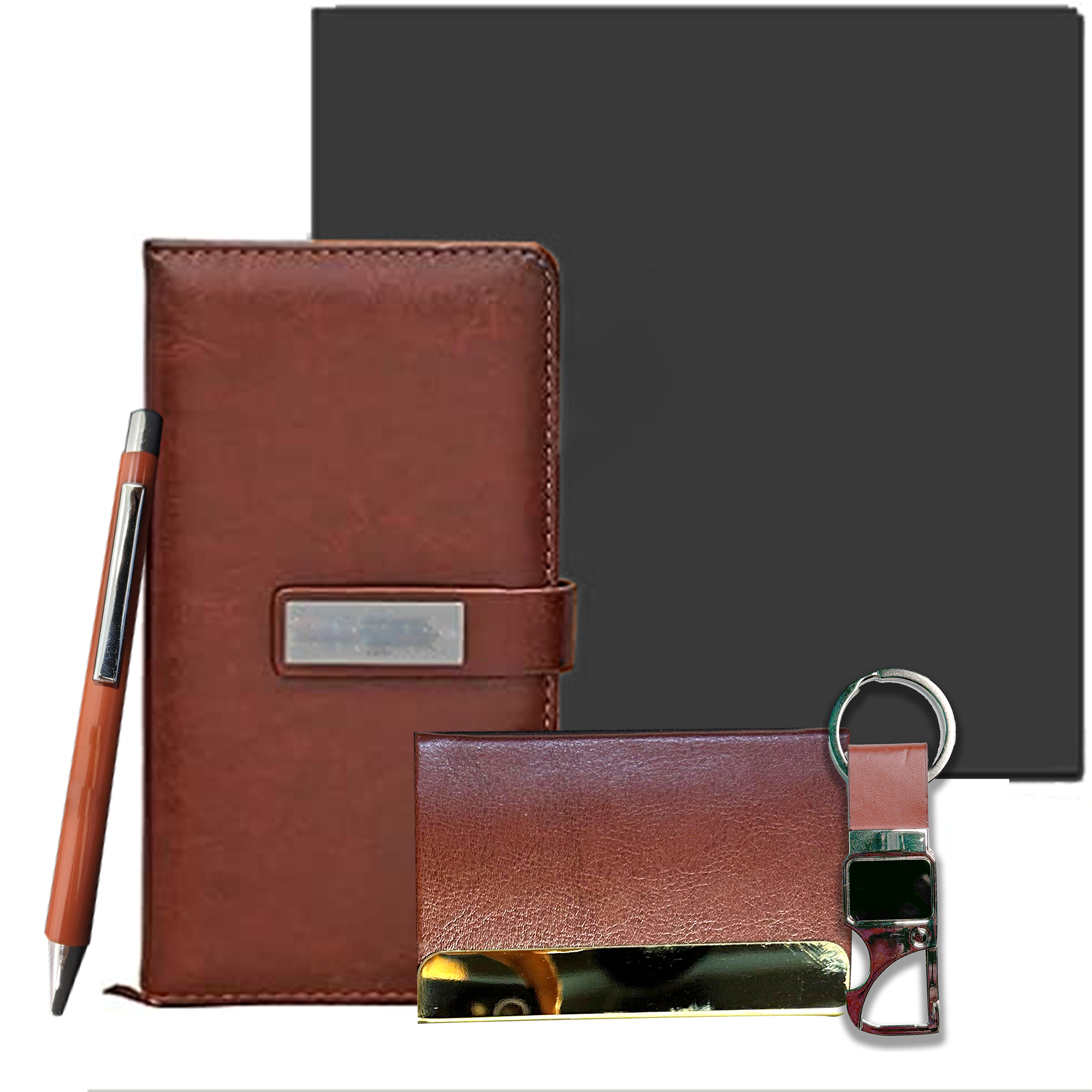 4 in 1 Brown Leather Gift Set with Pen, Card Holder and Metal Keychain