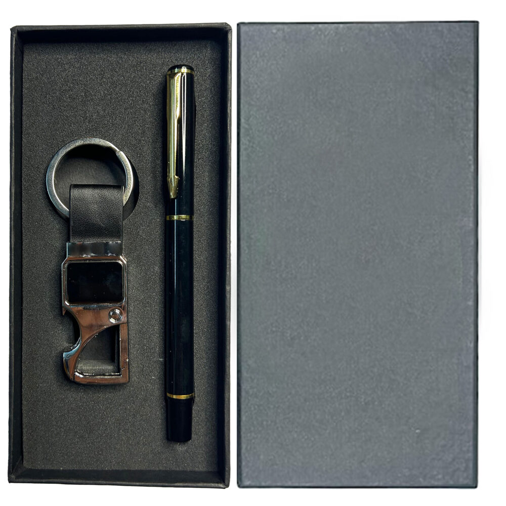 Black Leather Key Chain Metal Pen Gift Set for Men and Women