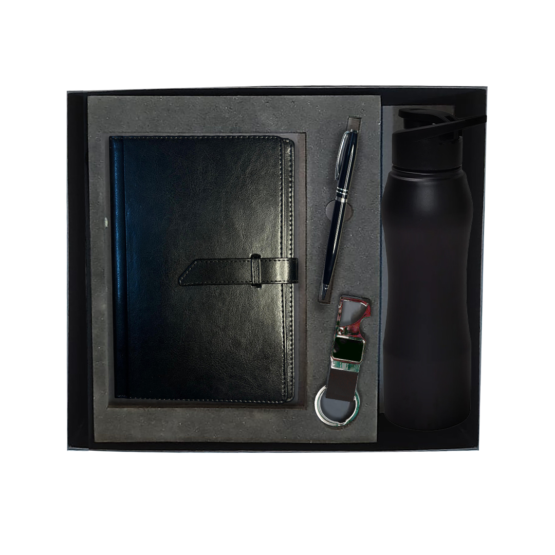 Corporate 4 In 1 Gift Set Belt Diary, Metal Pen, Sipper Water bottle and Metal Key-chain