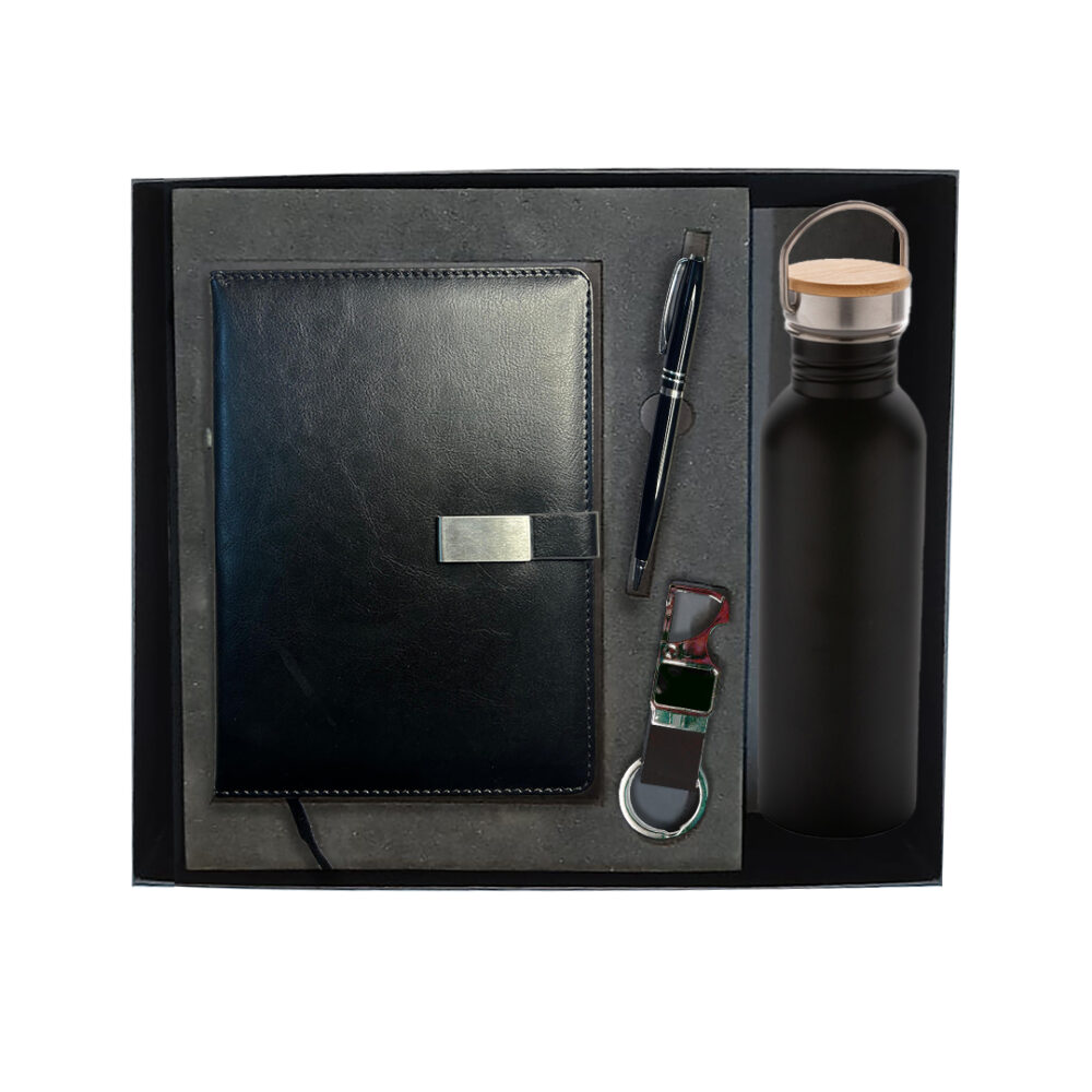 Corporate Gift Set- Button Diary, Metal Pen, Wooden Cap Water bottle and Metal Key-chain Gift Set 4 In 1 For Anniversary