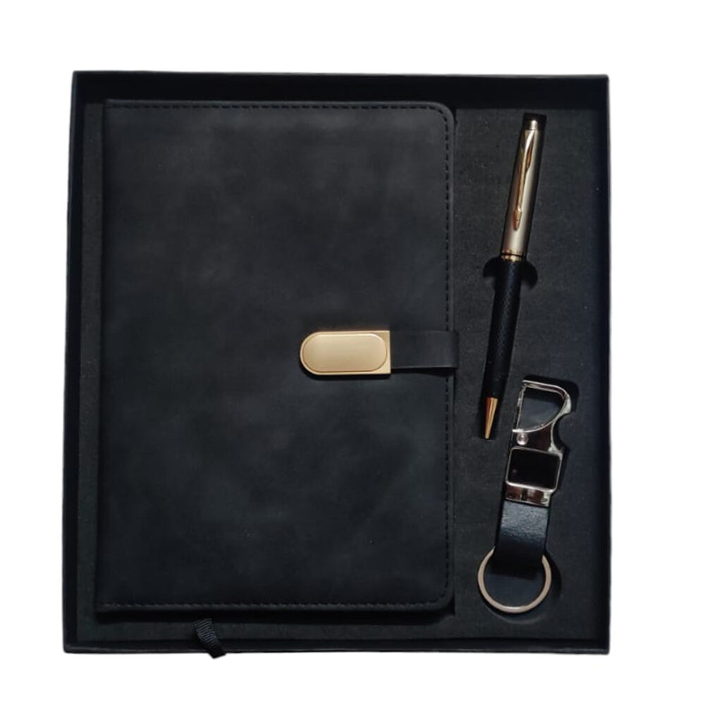 3 in1 set comes with Black Diary Half Square Button with Half Leather Pen and Keychain Gift Set for Premium Gifts