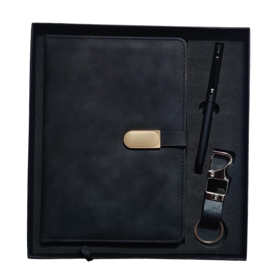 3 in1 Employee Set comes with Black Diary Half Square Button with Pen and Keychain Gift Set for Premium Gifts