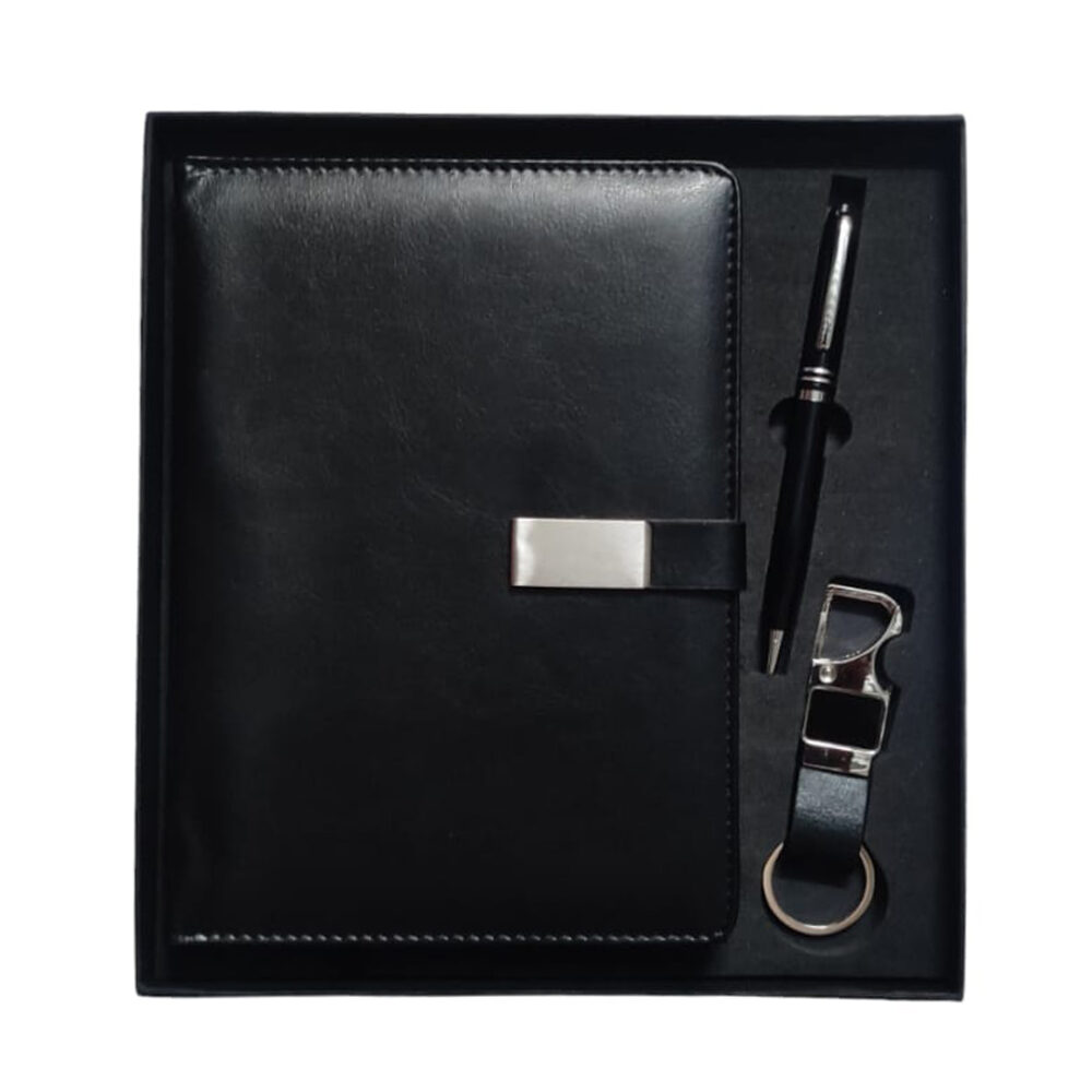 3 in1 Black Diary with Pen and Keychain Gift Set for Employee Joining Kit