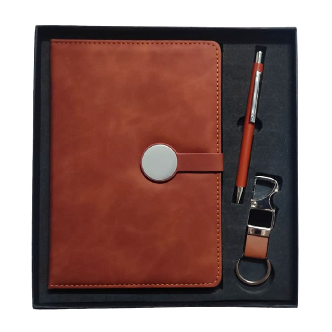 3 in 1 Brown Diary Round Button with Half Leather Pen & Keychain Gift Set for Corporate Gifts, Employee Joining Kit