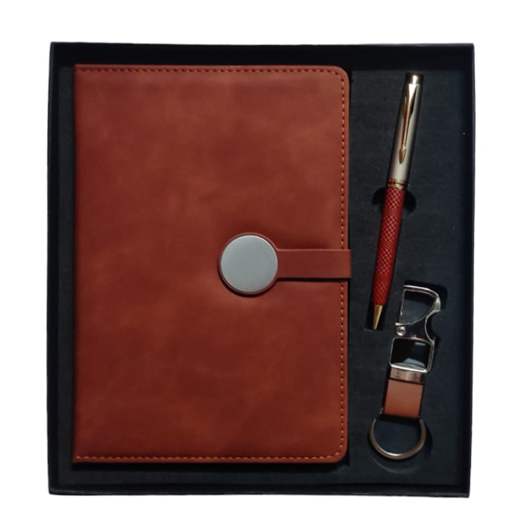 3 in 1 Brown Diary Round Button with Half Leather Pen & Keychain Gift Set for Premium Gifts, Birthday Gift, Girlfriend Gift