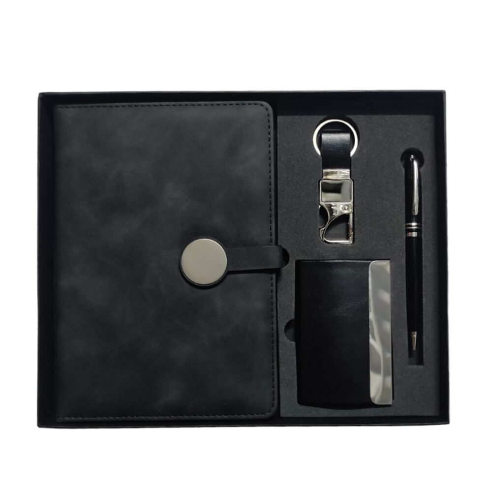 4 in 1 Black Diary Round Button with Metal Pen,Keychain and Cardholder Gift Set for Corporate gifts, Employee Joining Kit