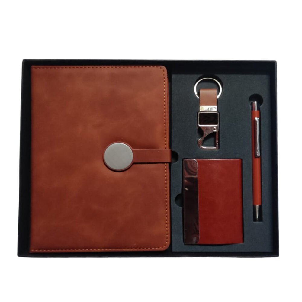 4 in 1 Brown Diary Round Button with Pen, Keychain and Cardholder Gift Set for Birthday Gifts, Premium gifts, anniversary gifts