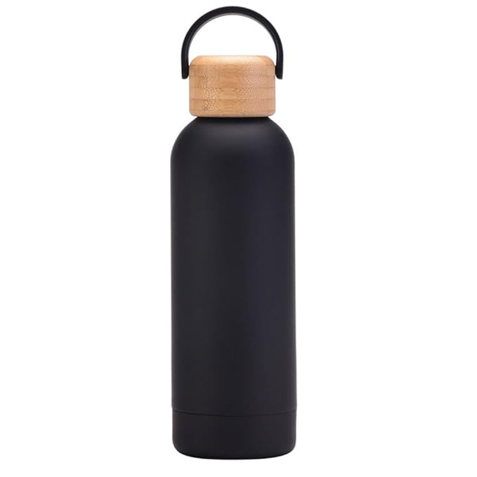 Stainless Steel Bottle with Bamboo Lid | Vacuum Flask | Water Bottle 1 litre Stainless Steel Water Bottles for School, Office, Home, Gym | Thermal Insulated Water Bottle (Black)